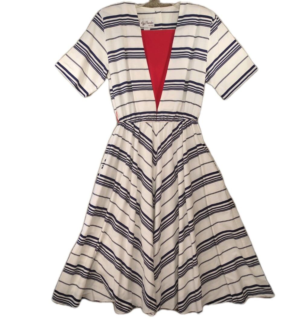 Kay Brandon Vintage Cotton Swing Dress Pockets Elastic Waist USA Nautical